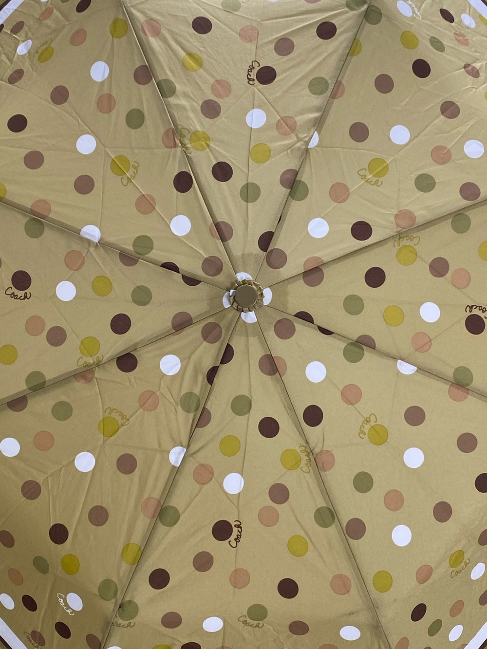 Coach Script Polka Dot Retractable Umbrella | Khaki Olive Multicolor - Picture 8 of 15